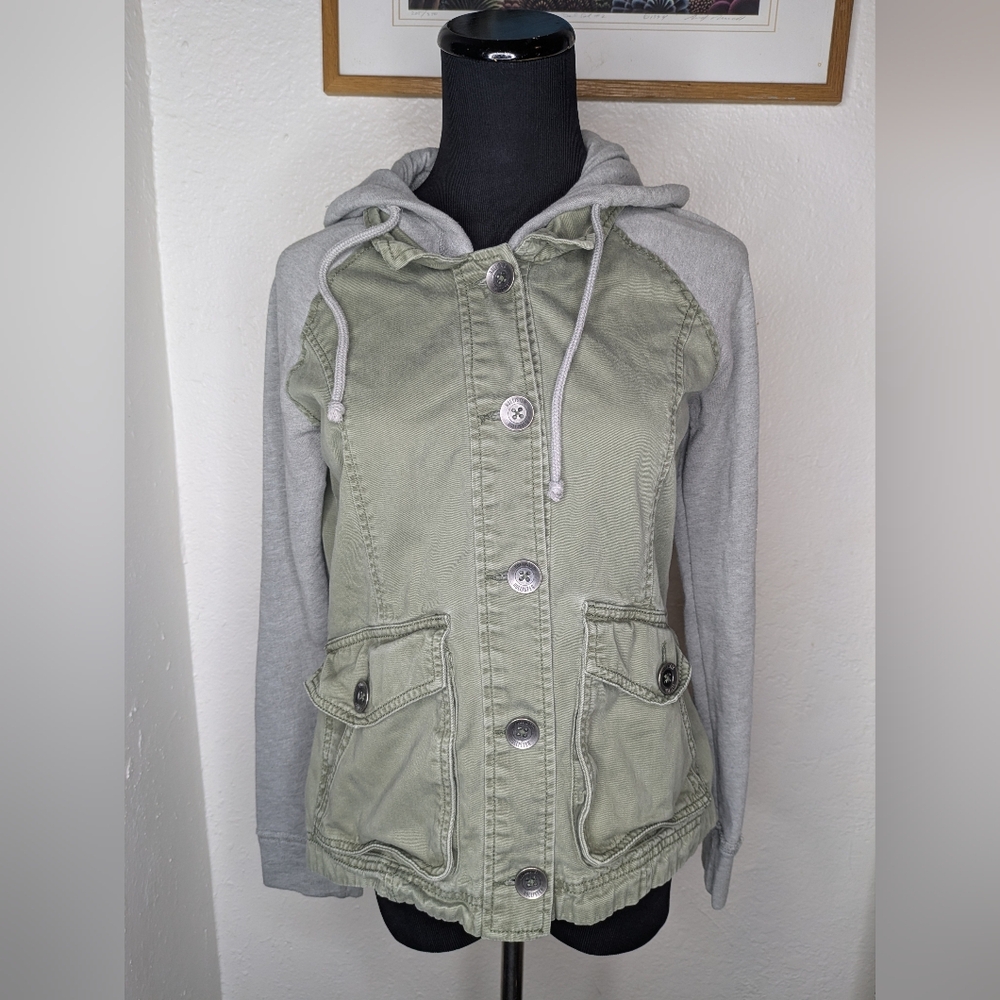 Hollister Utility Jacket Womens Medium Green Military Full Zip Y2K Hooded Casual